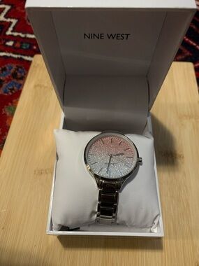Nine West Silver Bracelet Watch with Pink-to-Silver Glitter Dial